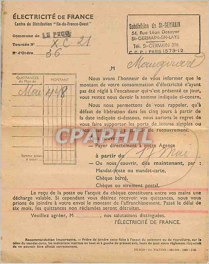 Fiche Quittance  Electricite de France Le Pecq St Germain en Laye — Rückseite