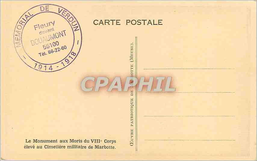 CPA Le monument aux Mors du VIII e Corp elee au cimetiere militaire de marbotte — Rückseite
