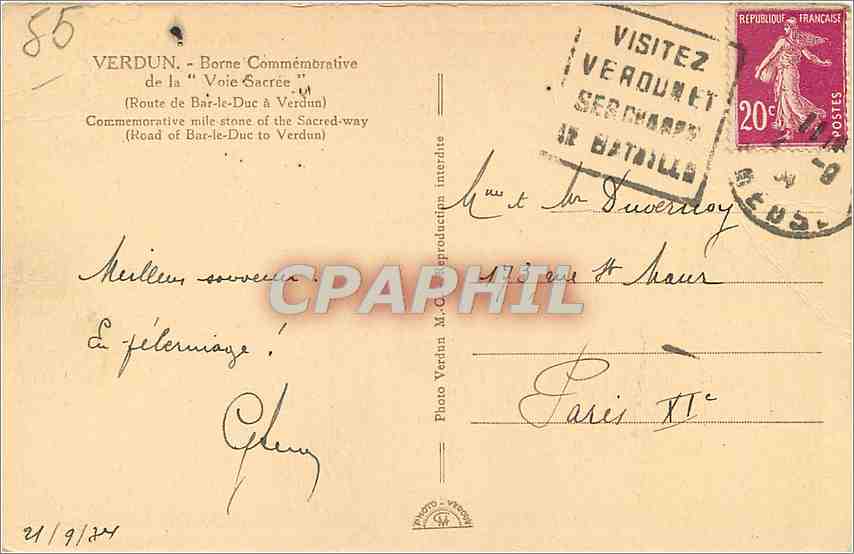CPA Verdun borne Commemorative de la voie sacree — Rückseite