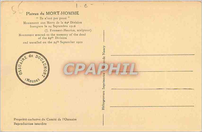 CPA Plateau du mort Homme Monument au Morts de a 69 e Division — Rückseite