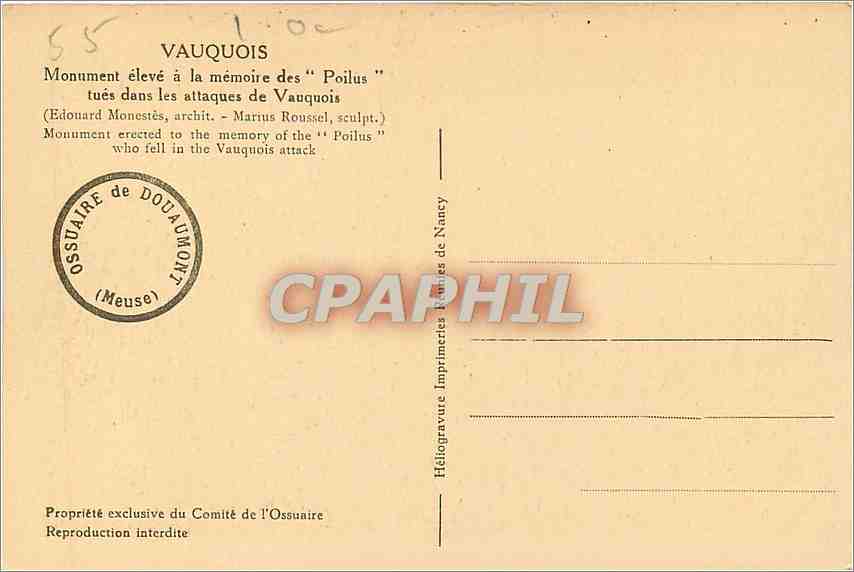 CPA Vauquois monument eleve a la memoire  des Poilus — Rückseite