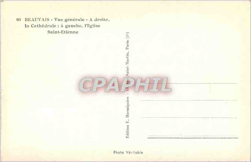 CPA Beauvais Vue generale a droie la cathedrale a gauche l'eglise Saint Etienne — Verso