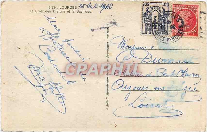 CPA Lourdes la croix des bretons et la basilique — Verso