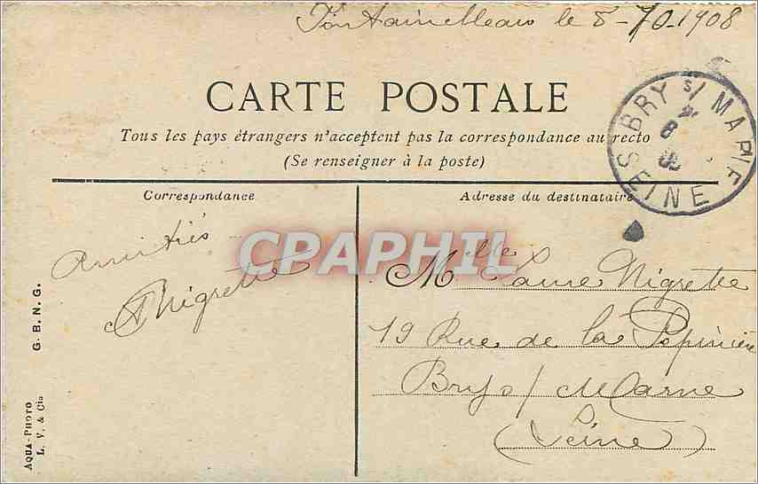 Fontainebleau - El Palacio, La Puerta Dorada — editor G.B.N.G. n°8 — Reverso