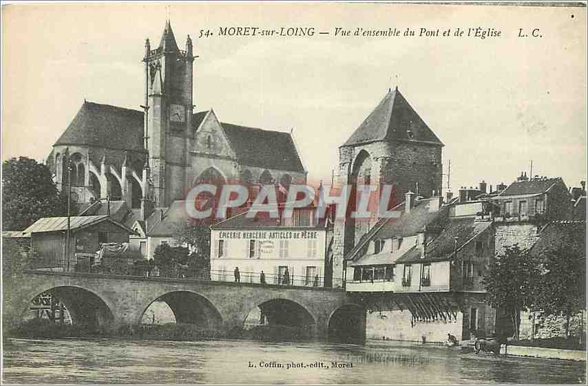 CPA Moret sur Loing Vue d' ensemble du Pont et de l'Eglise Epicerie Mercerie
