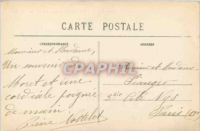 CPA Moret sur Loing Vue d' ensemble du Pont et de l'Eglise Epicerie Mercerie — Verso