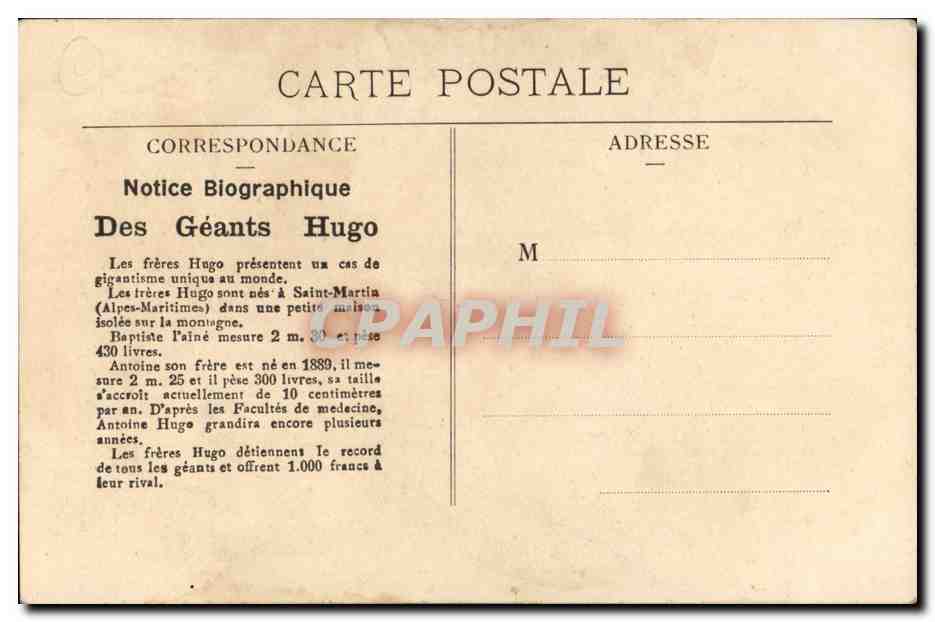 CPA Geants Giants Le Pere Hugo et ses deux fils geants mesurant 2 m 30 et pesant 430 livres — Rückseite