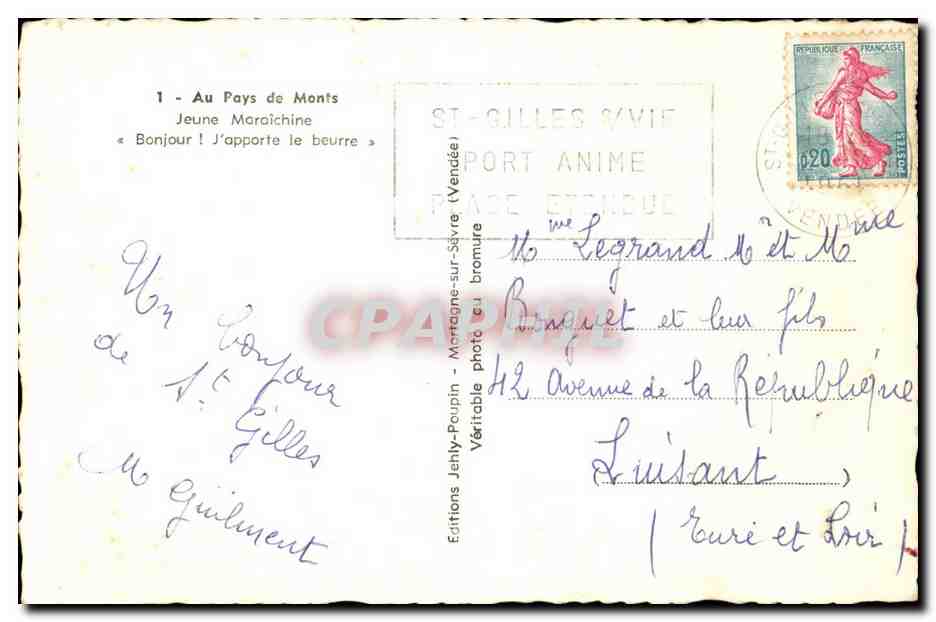 Au pays de Monts CPA Jeune Maraichine Bonjour J'apporte le beurre Coiffe — Verso