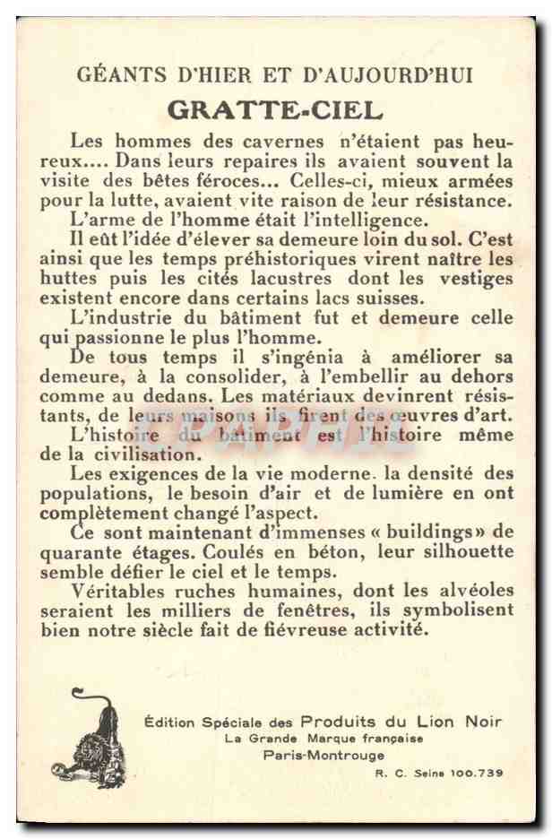 CPA Hier et aujourd'hui Gratte Ciel Ville Produits Lion Noir — Rückseite