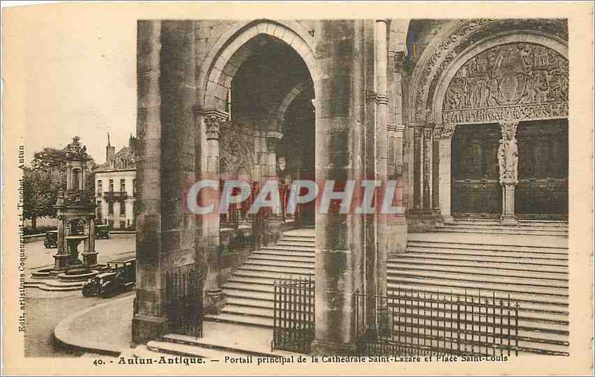 Autun-Antique — Portail principal de la Cathédrale Saint-Lazare et Place Saint-Louis — Éditeur : Turchet, Autun