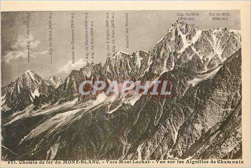 Vue sur les Aiguilles de Chamonix — Chemin de fer du Mont-Blanc — Vers Mont Lachat — L. Morand, Megey (Haute-Savoie)