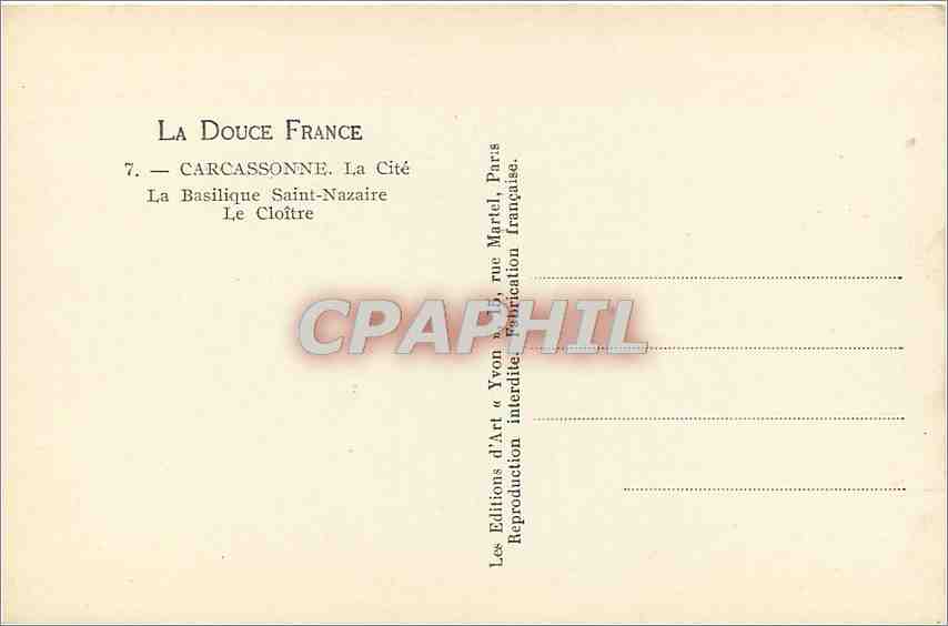 Carcassonne — La Basilique Saint-Nazaire Le Cloître — Éditions d'Art « Yvon » — Rückseite