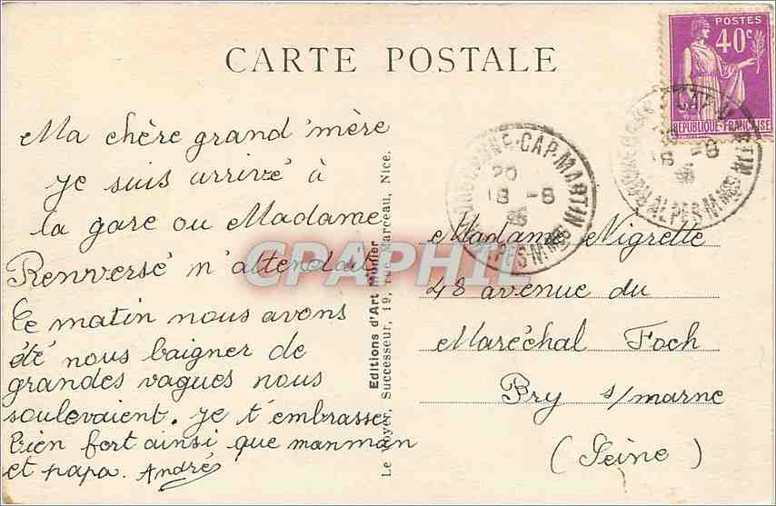CPA Menton Vue prise du cap Martin  — Rückseite