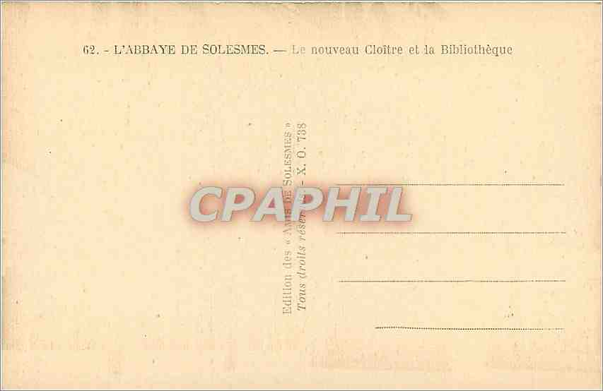 CPA L'Abbaye de Solesmes Le nouveau Cloitre et la Bibliotheque  — Verso