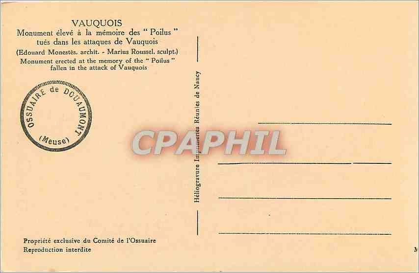 CPA Vauquois Monument eleve a la memoire des Poilus  — Rückseite
