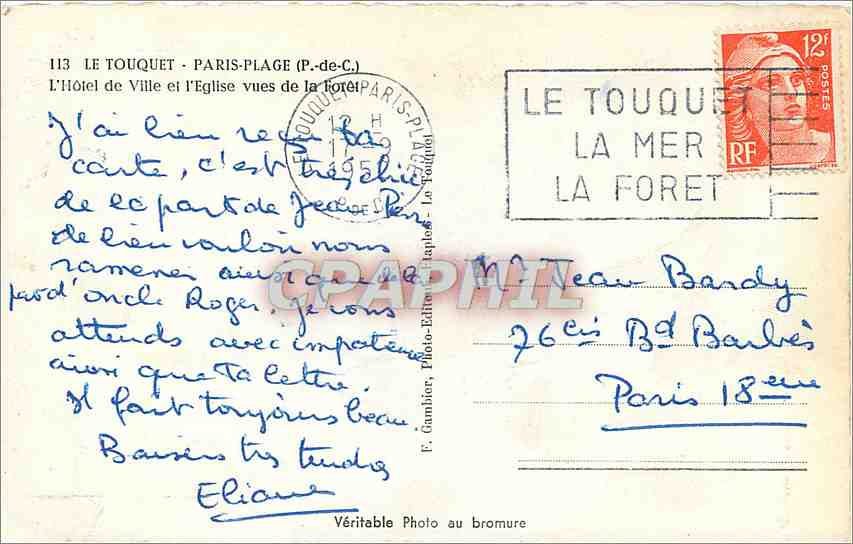Le Touquet - Paris-Plage (P.-de-C.) — Rathaus und Kirche aus der Waldansicht — Verlag F. Gamblier — Rückseite