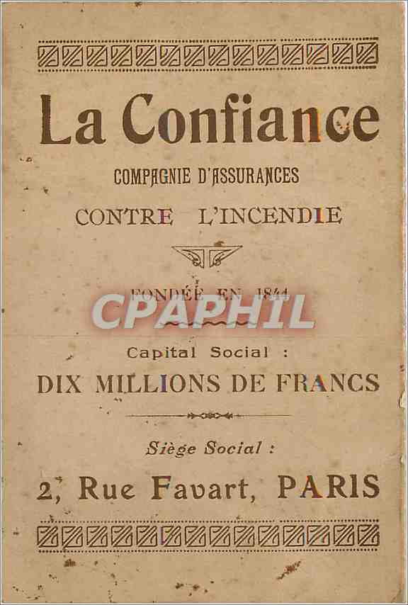 Calendrier La Confiance Campagnie d'Assurances Paris  1921 — Rückseite