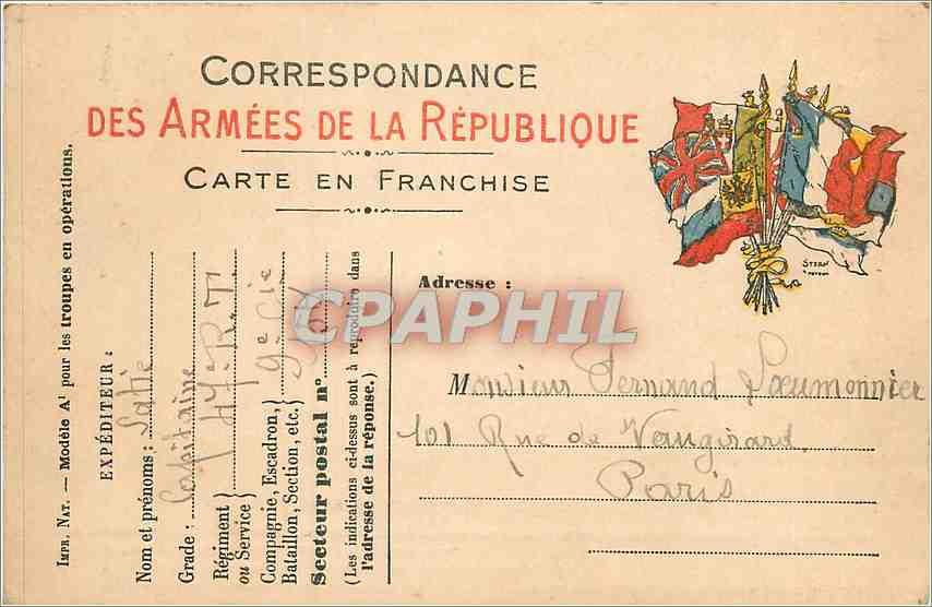 Carte Franchise Militaire Monnier Rue de Vaugirard Paris Loeumonnier