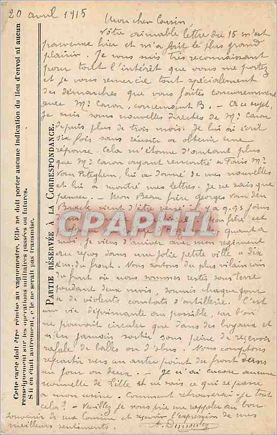Carte Franchise Militaire Lemonnier Rue de Vaugirard Paris — Rückseite