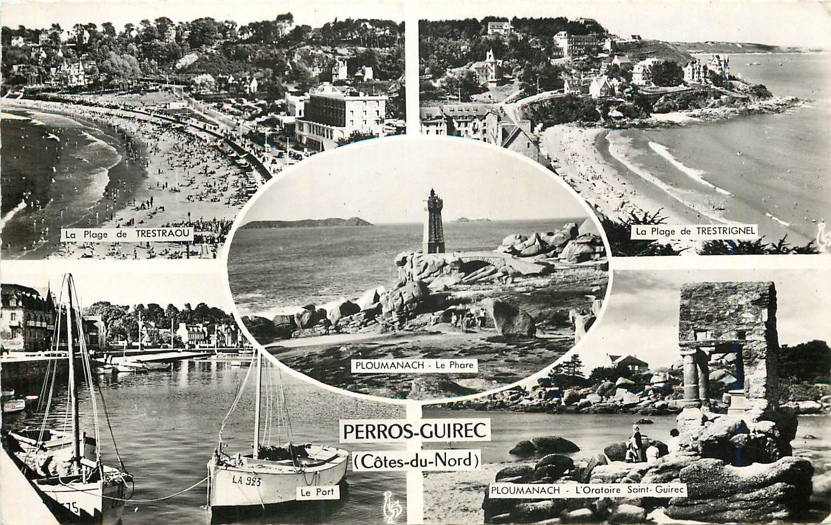 Perros-Guirec (Côtes-du-Nord) — vue panoramique avec plage, phare et port — éditeur CPAPHIL, n° 27