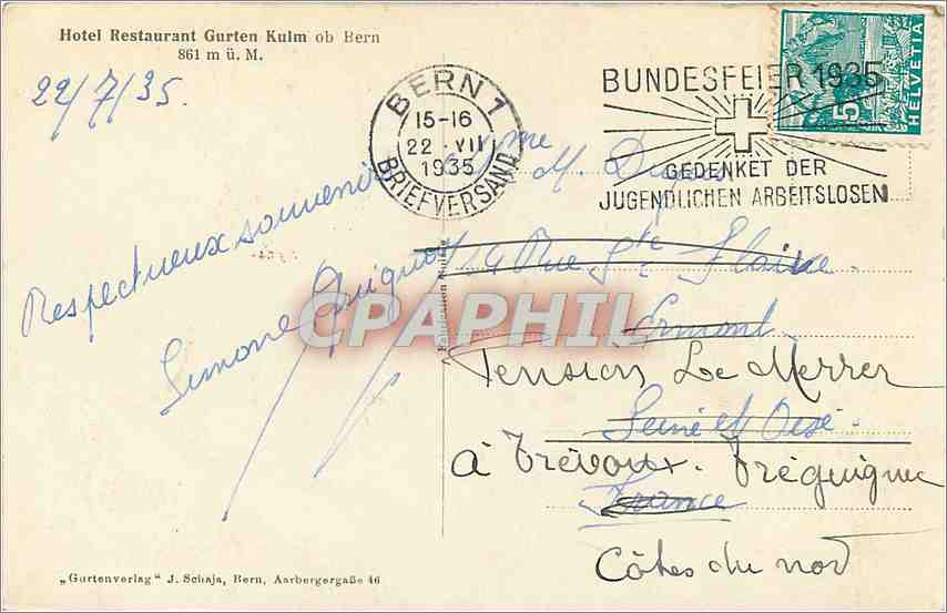 CPA Hotel Restaurant Gurten Kulm ob Bern  — Rückseite