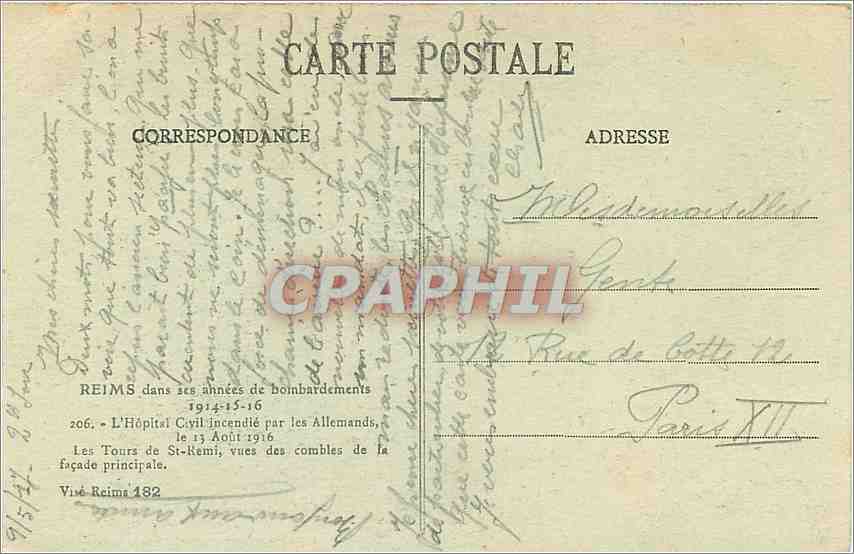 Reims — The Civil Hospital Burned by the Germans — Vintage Postcard No. 206, published by Vire Reims — Back