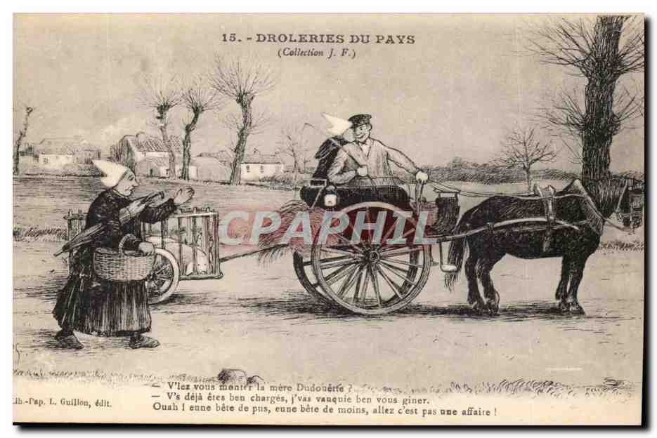 CPA Droleries du pays V'le vous menter la mere Dudouette ? (caleche) Humour paysans