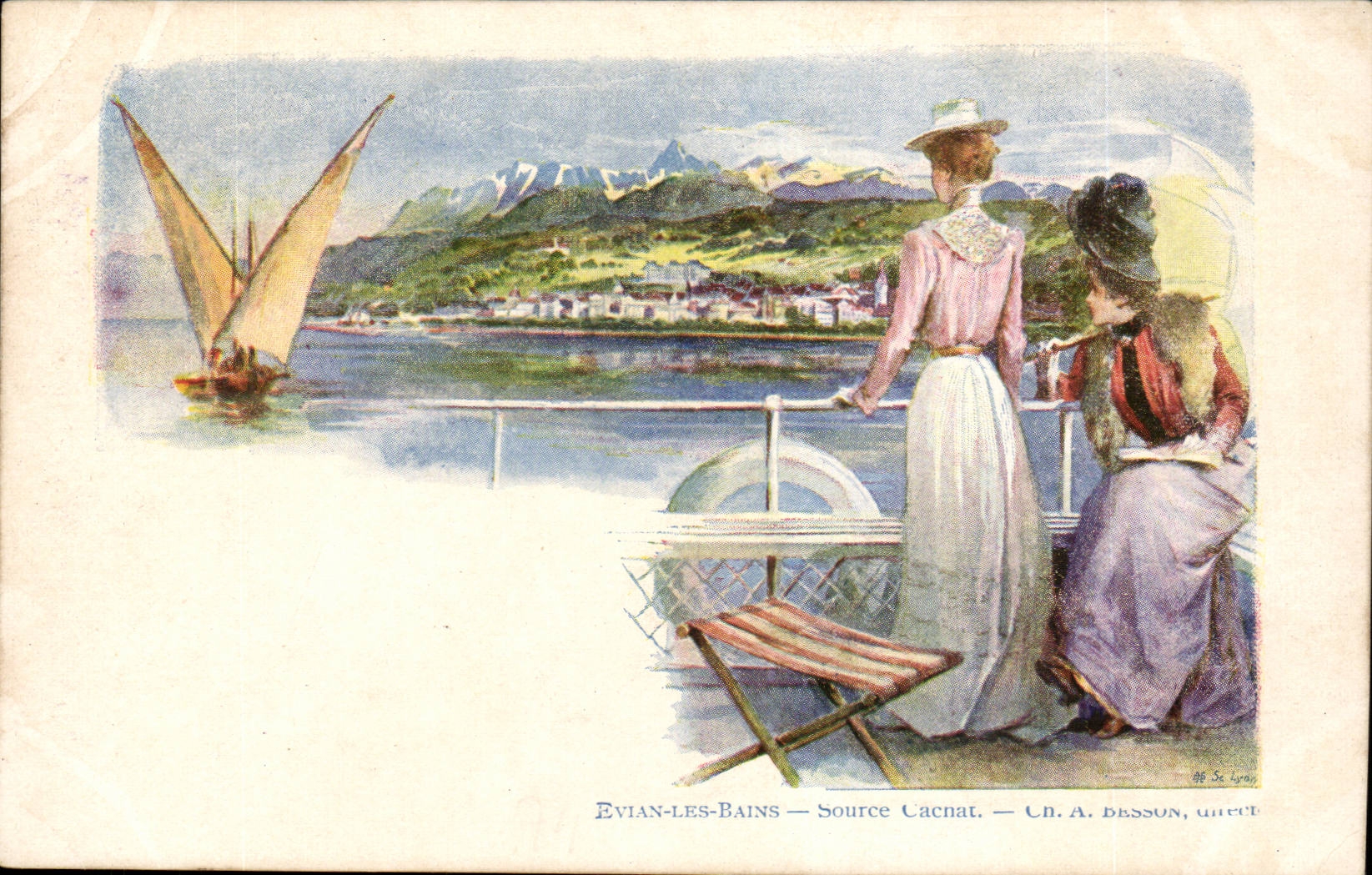 CPA Evian les Bains Source Cachat Bateau Boat Illustrateur