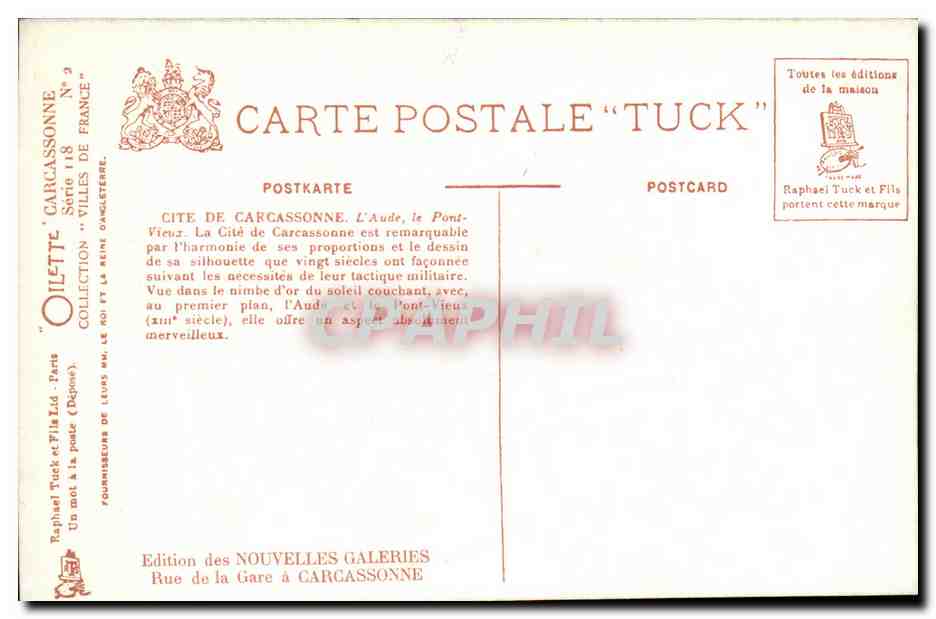 Cité de Carcassonne — L'Aude, le Pont-Vieux — Tuck — Verso