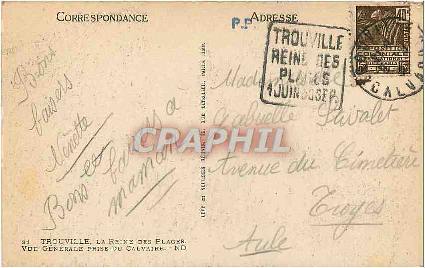 Trouville, la Reine des Plages — Vue générale prise du Calvaire — éditeur Levé et Neubourg, n°31 — Verso