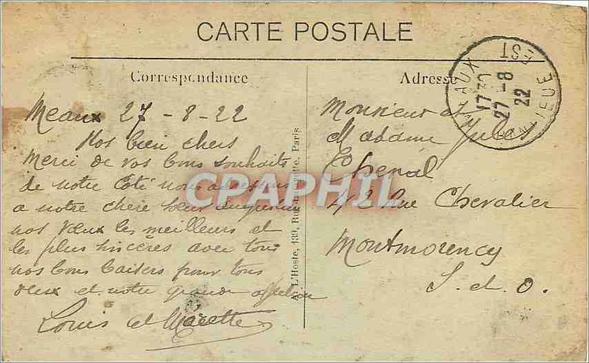 CPA La Guerre Bataille de la Marne Le Monument d'Etrepilly eleve aux Morts de l'Armee de Paris  — Rückseite