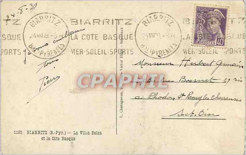 CPA Biarritz B Pyr La Villa Belza et la Cote Basque  — Rückseite