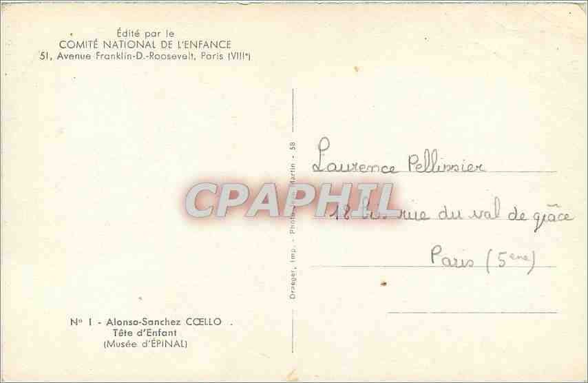 CPA Alonso Sanchez Coello Tete d'Enfant Musee d'Epinal  — Rückseite