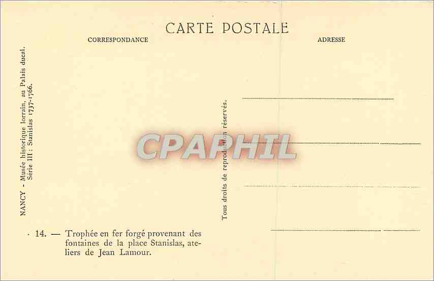 CPA Nancy Musee historique lorrain au Palais Ducal Trophee en fer forge provenant des fontaines de l — Rückseite