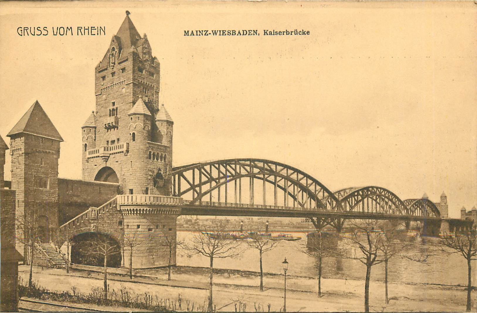 CPA Gruss vom Rhein Mainz Wiesbaden Kaiserbrucke 