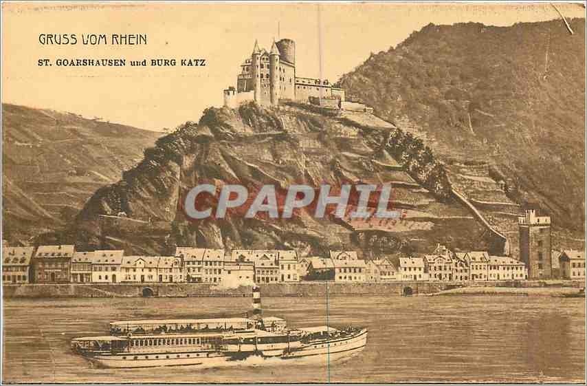 CPA Gruss vom Rhein St Goarshausen und Burg Katz Bateau