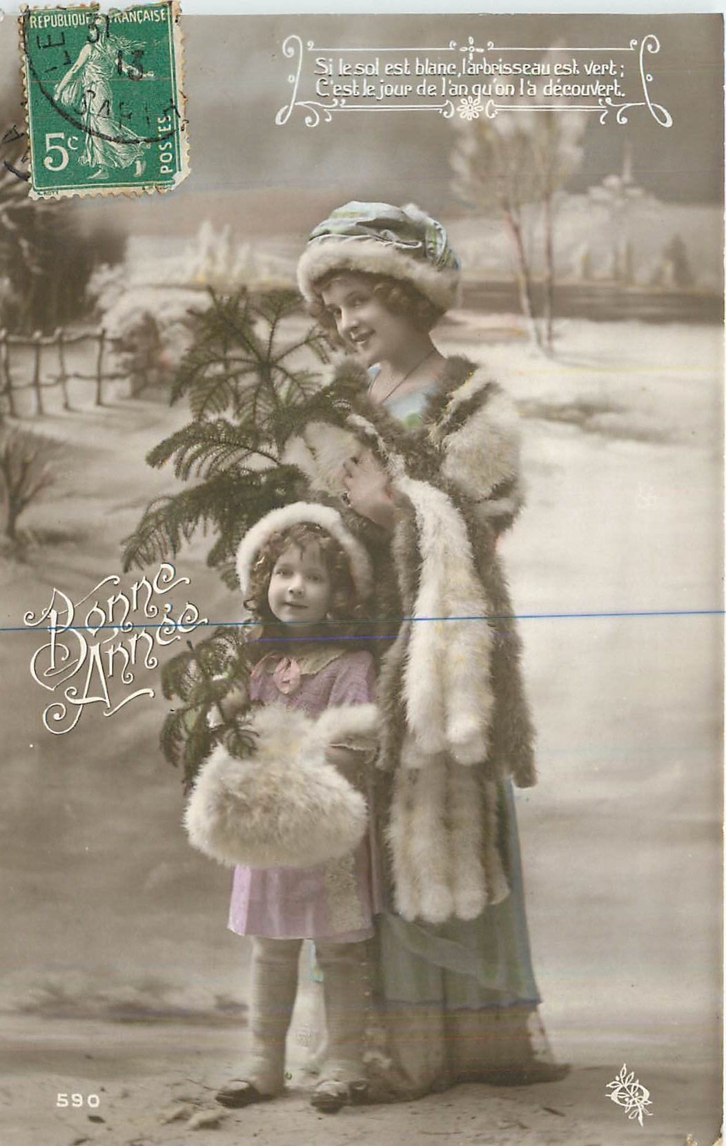 Femme et enfant en tenue d'hiver — scène hivernale — éditeur anonyme, n° 590