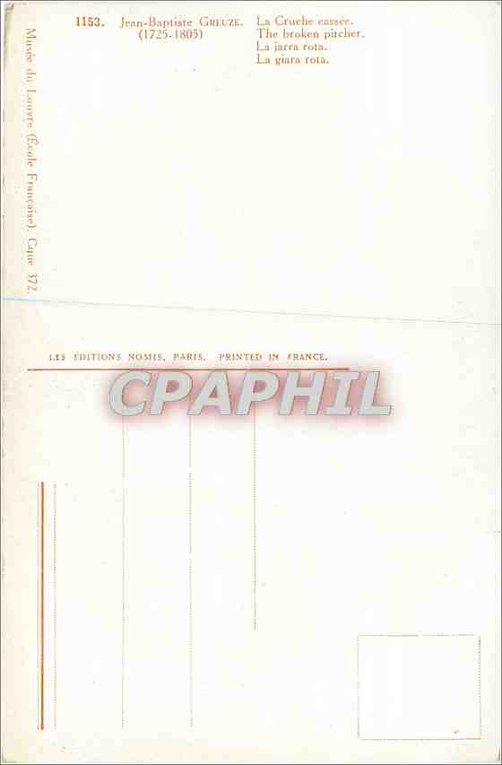 CPA Jean Baptiste Greuze La Cruche cassee  — Verso