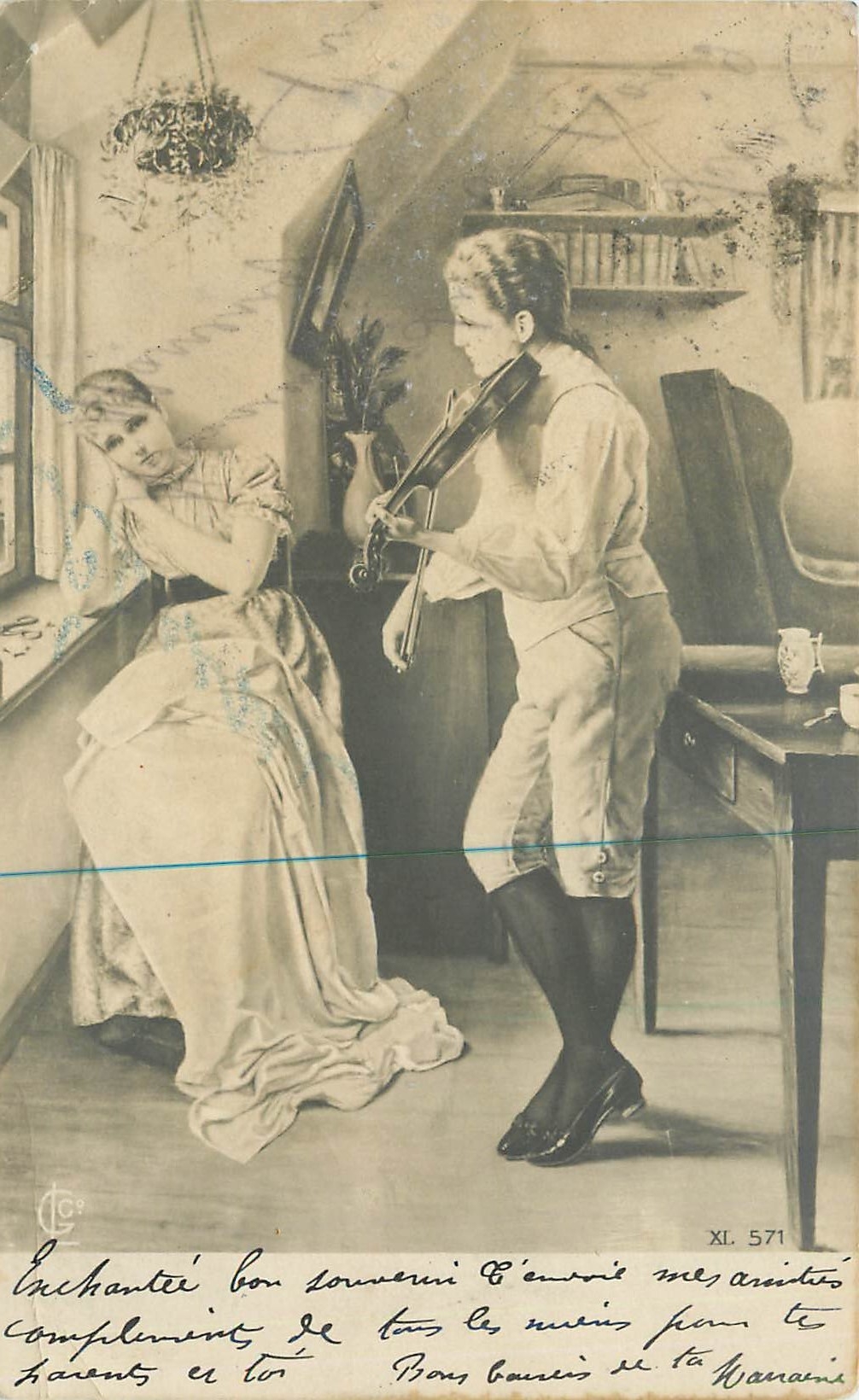 Jeune femme écoutant un violoniste — scène intérieure — éditeur XI. 571