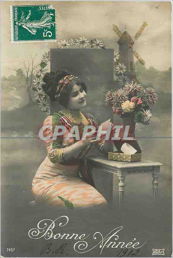 CPA Bonne Annee Femme Moulin a vent