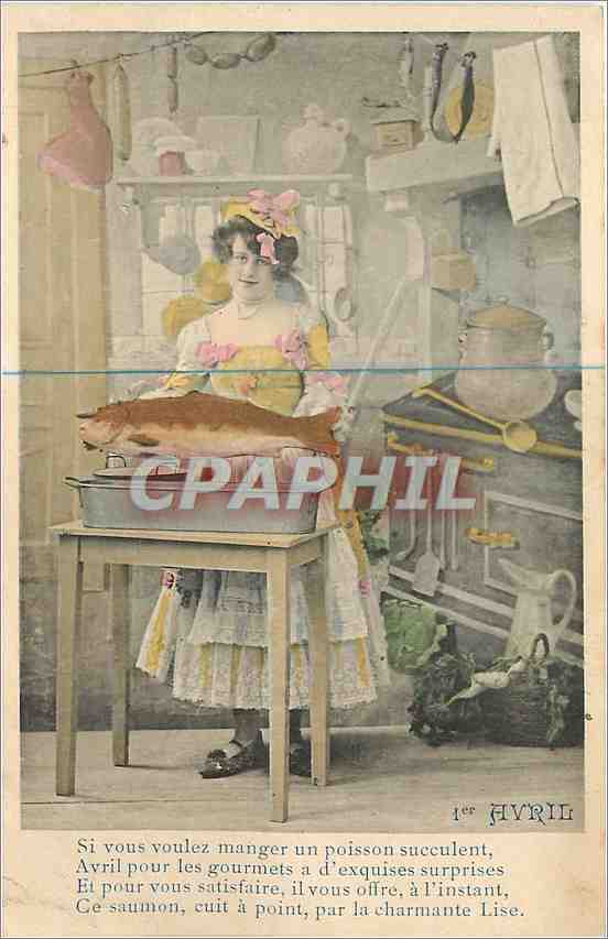 Femme tenant un saumon — poissonnier à l'occasion de l'Avril — éditeur SUCCESSIONS, Paris