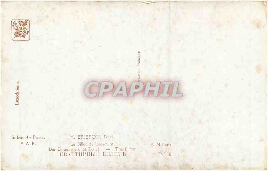 CPA Salon de Paris Brispot Le billet de logement — Rückseite