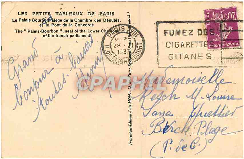 CPA Paris Le Palais Bourbon siege de la Chambre des Deputes  — Rückseite