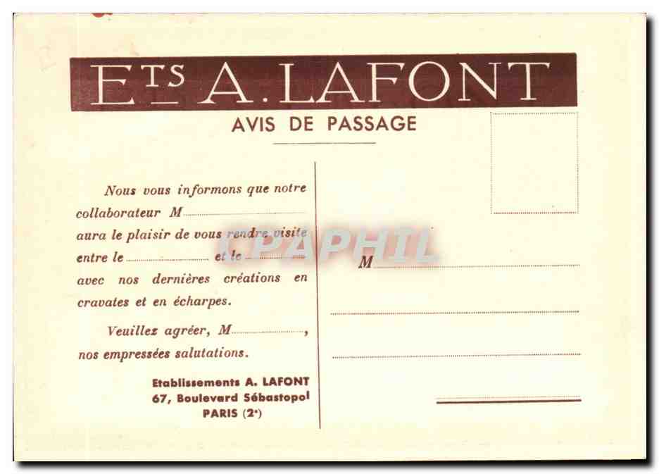 Fantaisie Illustrateur CPA Caleche Diligence Etablissements Lafont Cravates et echarpes Saint Augustin Paris 2eme — Rückseite