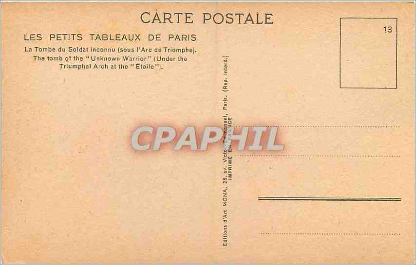 CPA La Tombe du Soldat inconnu sous l'Arc de Triomphe  — Rückseite