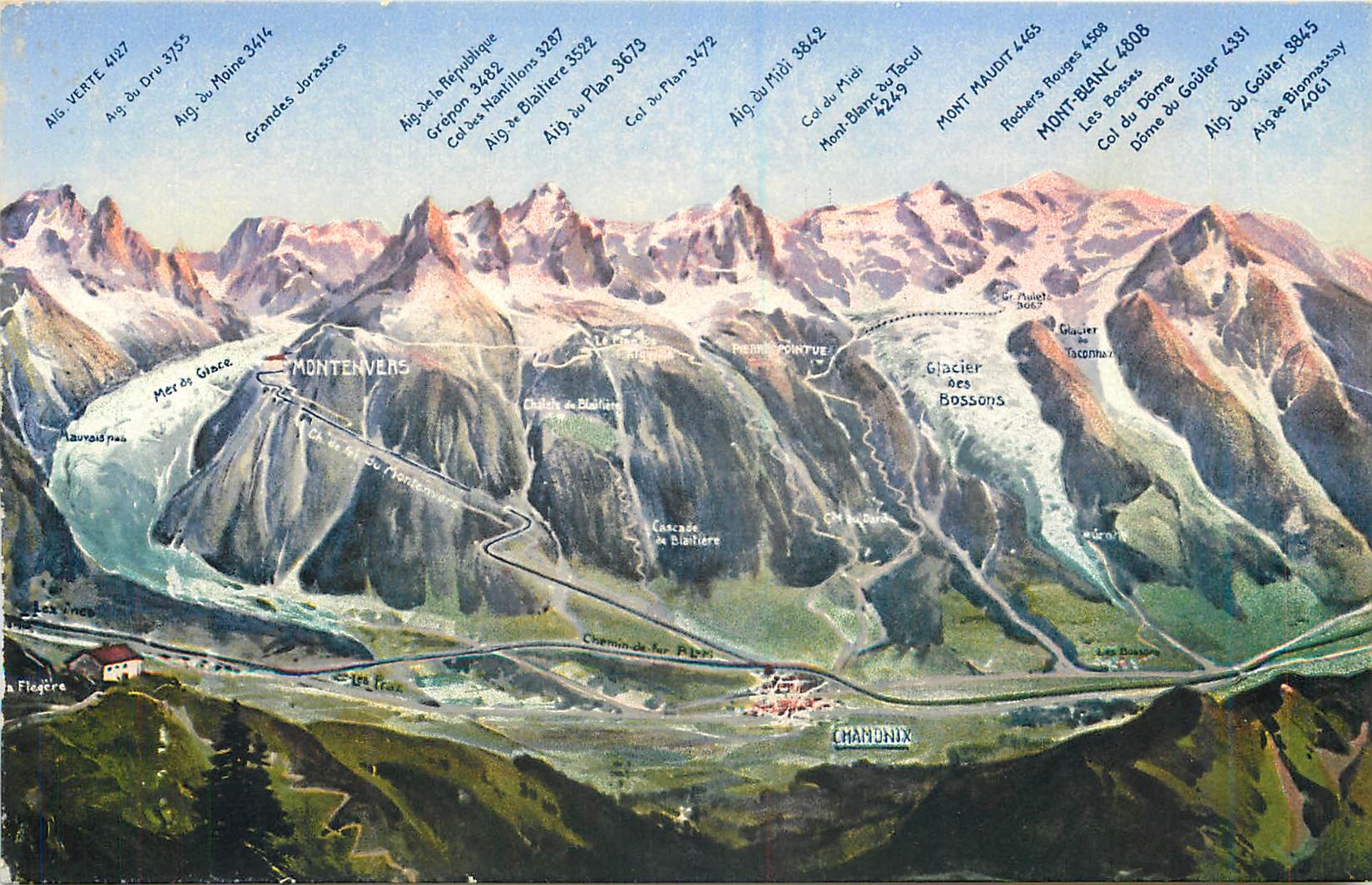 Montenvers — Vue panoramique des Alpes avec noms des sommets — Éditions L. Burgy, Lausanne