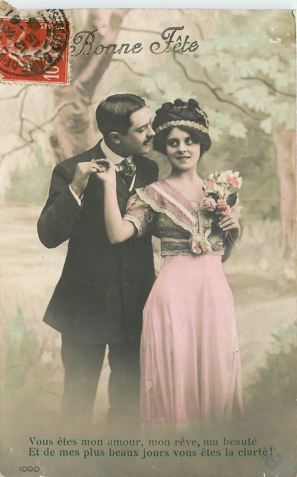 Couple amoureux — scène de jardin — éditeur Ronne Fête, n° 1090