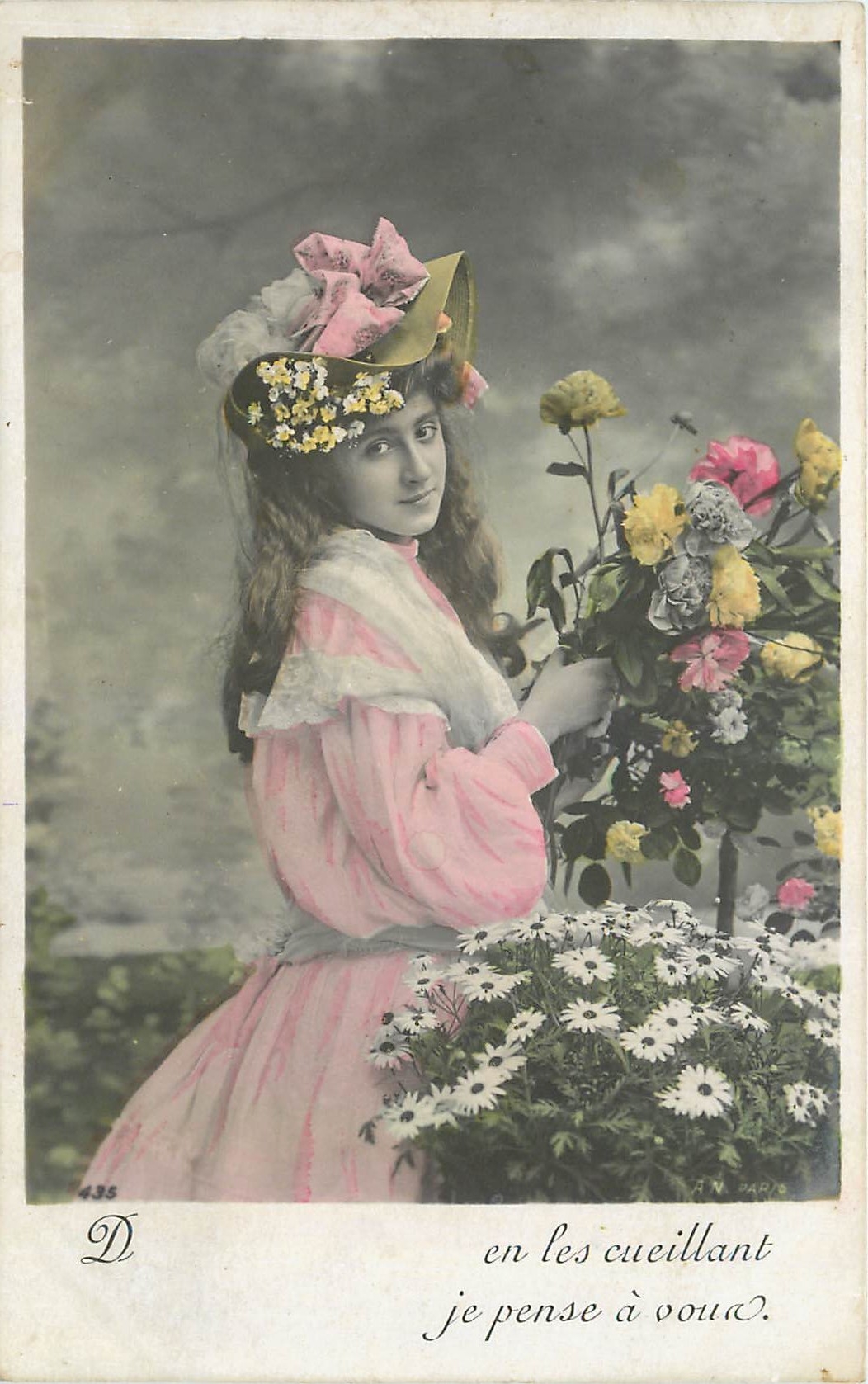 Young woman in a pink dress picking flowers — A.N. PARIS, n° 435