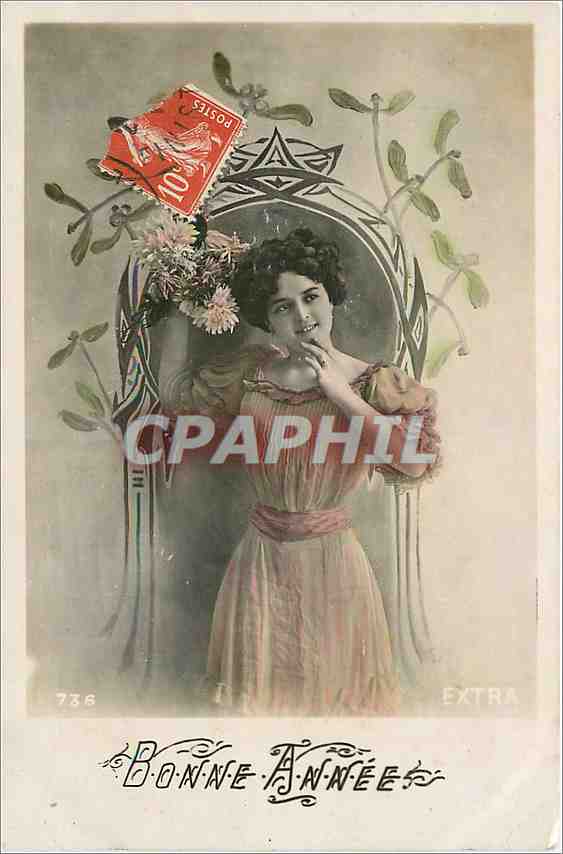 Jeune femme en robe rose — Bonne Année — Éditeur EXTRA, n° 736