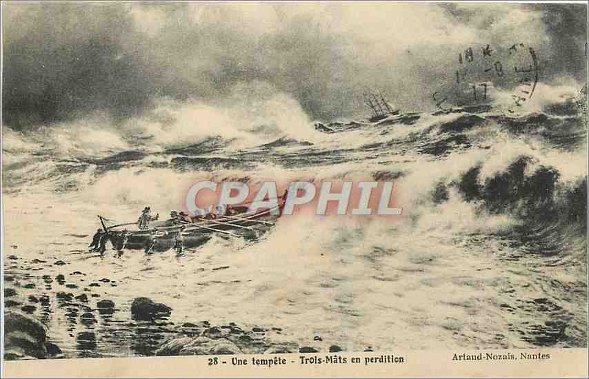 CPA Une Tempete Trois Mats en perdition Bateaux